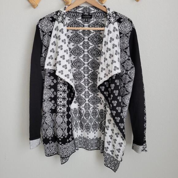 Lucky Brand Black and White Patterned Waterfall Open Front Cardigan Size Medium - Picture 4 of 10